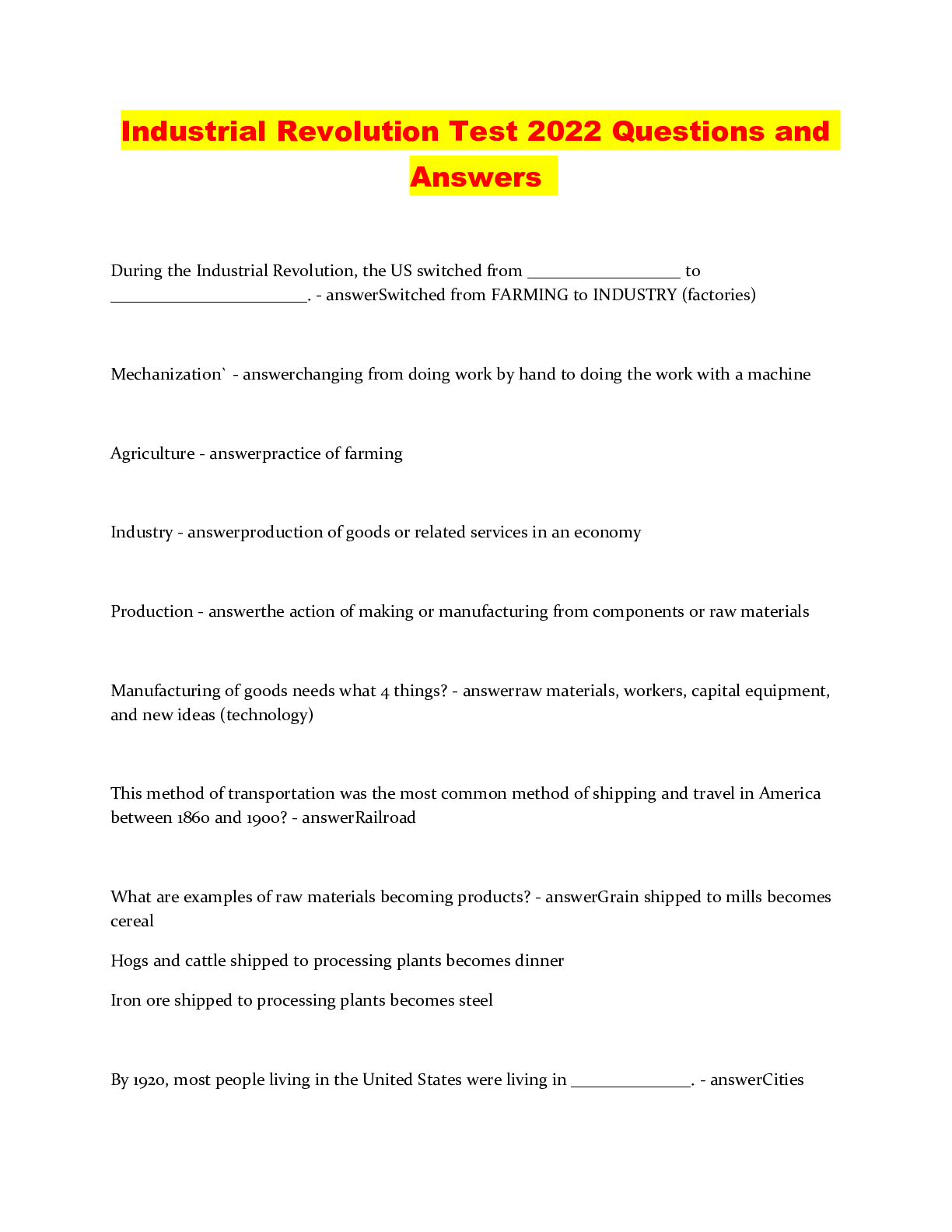 Industrial Revolution Test 2022 Questions and Answers Browsegrades